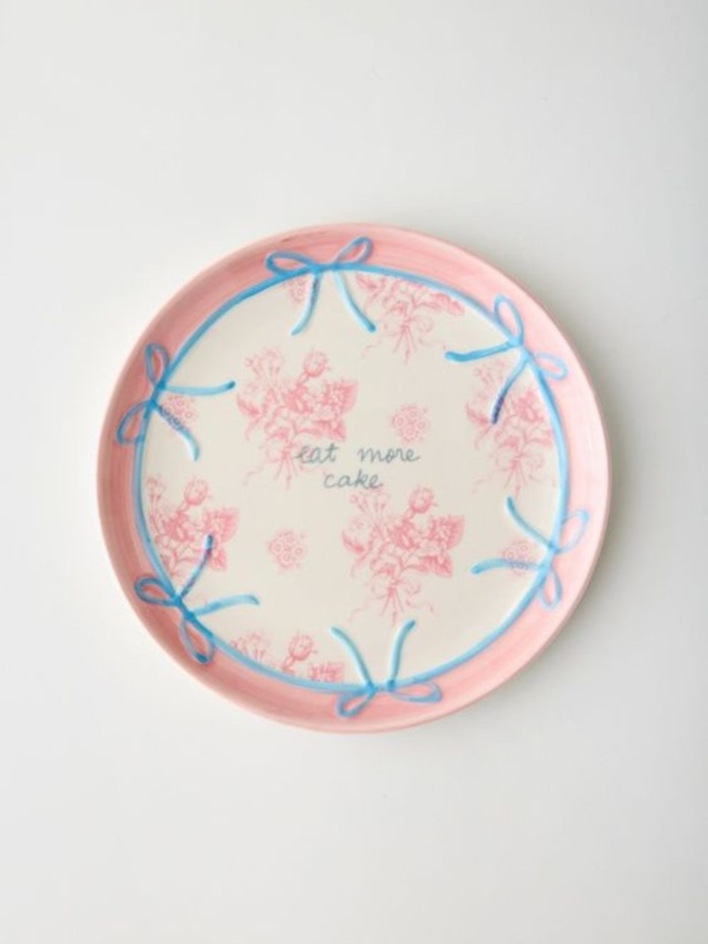 Eat More Cake Pink Decorative Floral Small Trinket Dessert Plate Blue Bows